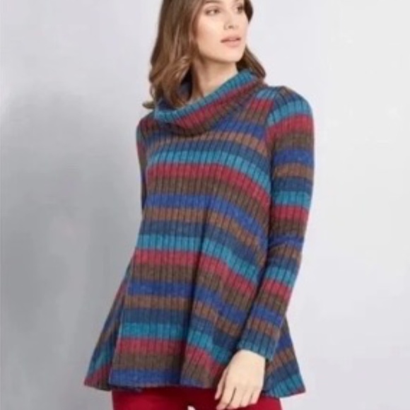 Modcloth Striped Cowl Neck Top Soft Fleece Long-Sleeve Pullover XL - Picture 1 of 7